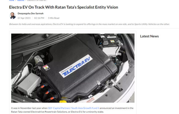Electra EV on Track with Ratan Tata’s Specialist Vision
