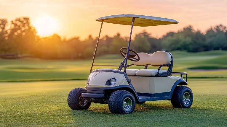 Golf cart parked on a golf course at sunset used for Speciality Applications transportation and utility use